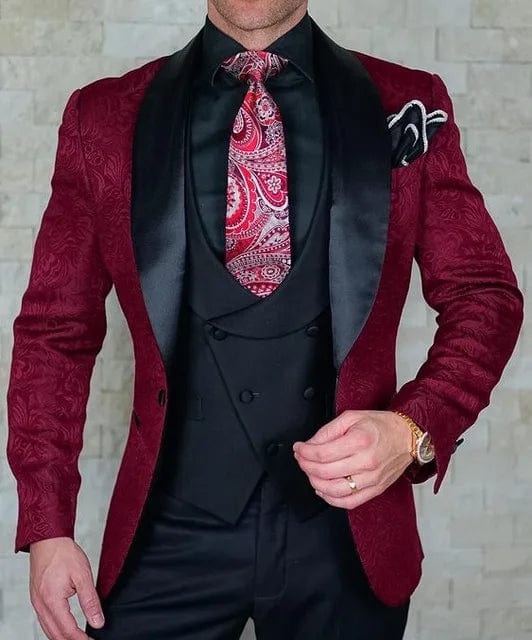 Black Italian design 3-piece men's wedding tuxedo suit with skinny fit, including jacket, vest, and pants, tailored for formal occasions.