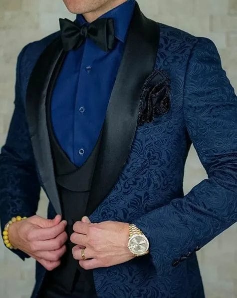 Black Italian design 3-piece men's wedding tuxedo suit with skinny fit, featuring a jacket, vest, and matching pants.