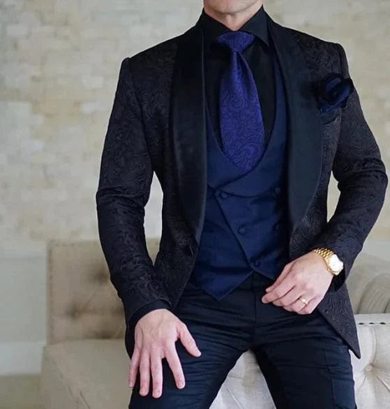 SHOWLU Men's Italian design black 3-piece wedding tuxedo suit with skinny fit, featuring a jacket, vest, and pants for formal occasions.