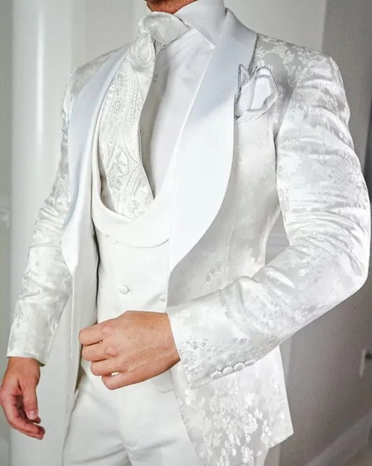 Men's White Jacquard Three - Piece Tuxedo – Printed Suit for Weddings Men Clothing - SHOWLU FASHION STORE
