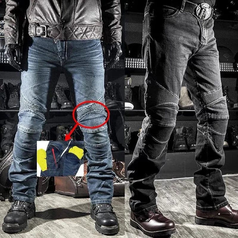 Men's winter biker jeans by Showlu Fashion, slim fit stretch denim cargo pants with off-road protection and durable design.
