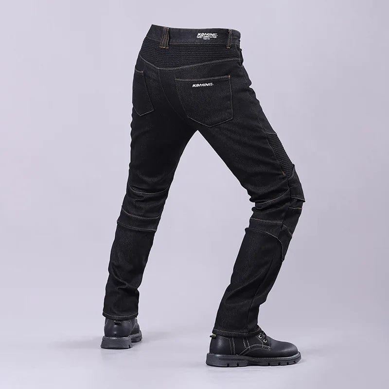 Men's winter biker jeans by Showlu Fashion, slim fit stretch denim cargo pants with off-road protection and durable long trousers.