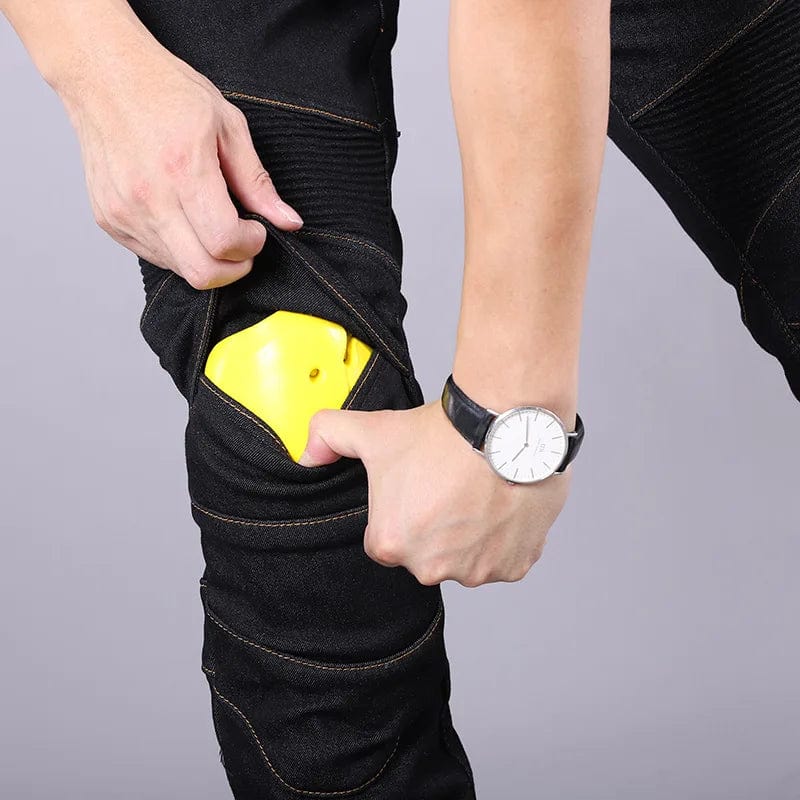 Men's winter biker jeans by Showlu Fashion, slim fit stretch denim cargo pants with off-road protection and durable design.