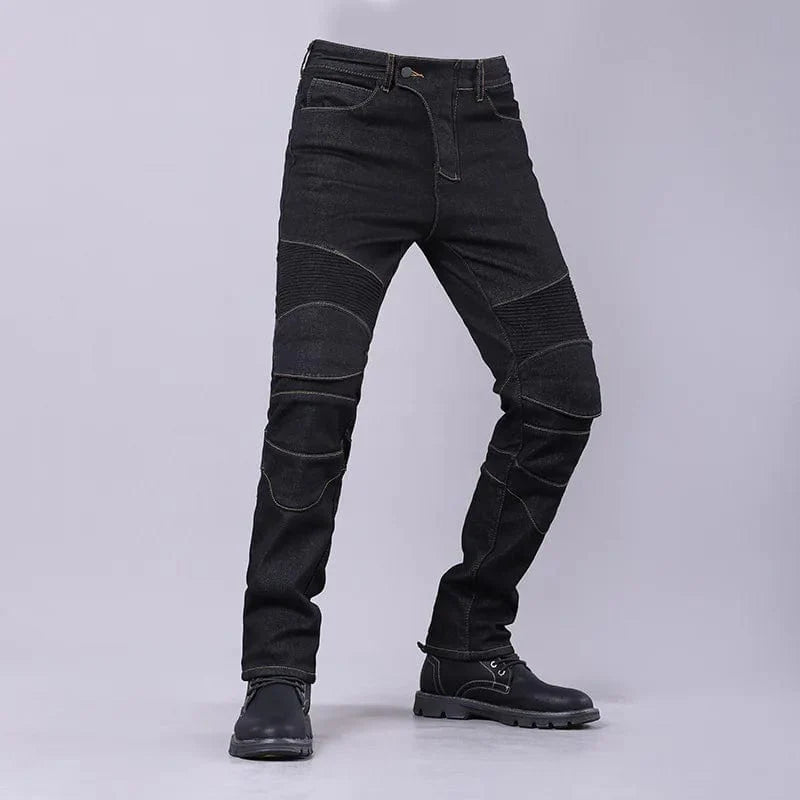Men's winter biker jeans by Showlu Fashion, slim fit stretch denim cargo pants with off-road protection and durable design.