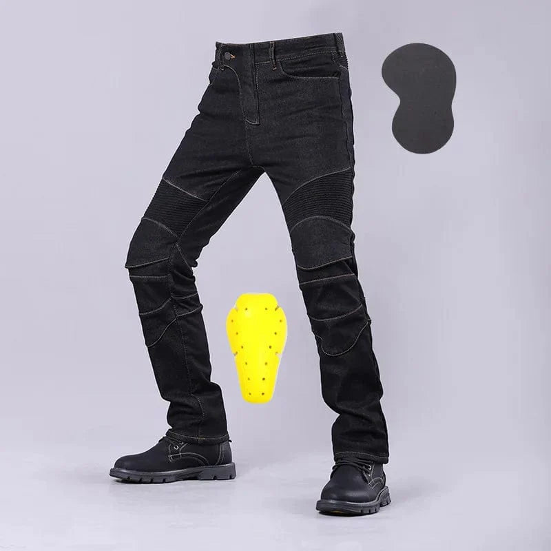 Men's winter biker jeans by Showlu Fashion, slim fit stretch denim cargo pants with off-road protection and durable construction.