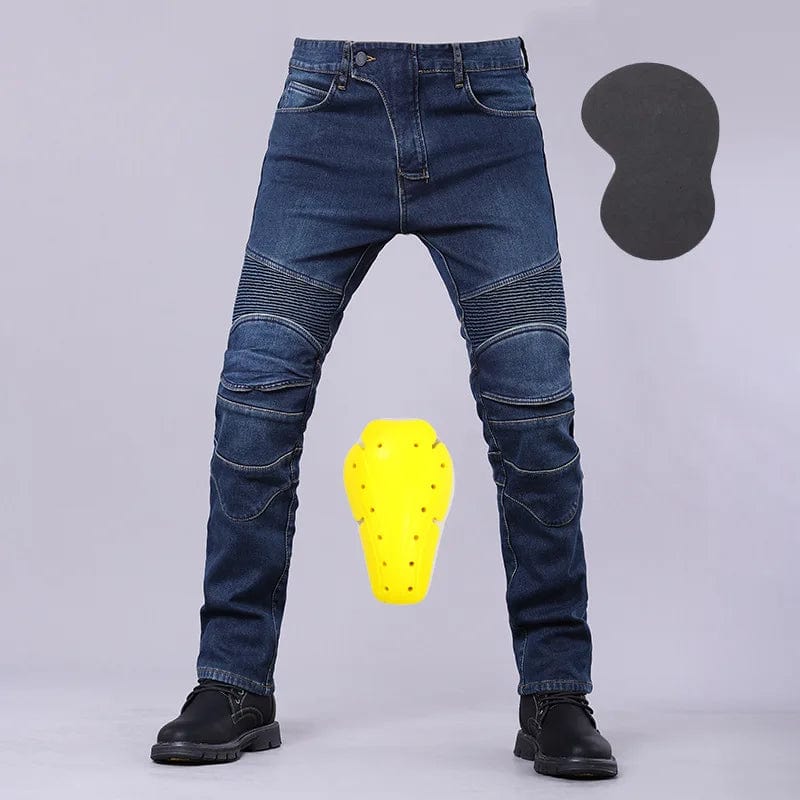Men's winter biker jeans by Showlu Fashion, slim fit stretch denim cargo pants with off-road protection and durable long trousers.