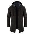 Men's beige fleece-lined winter trench coat with hood, slim fit, long knit sweater style, casual business overcoat with zipper.