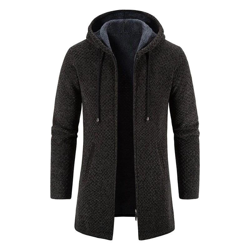 Men's beige fleece-lined winter trench coat with hood, slim fit, long knit sweater style, casual business overcoat with zipper.