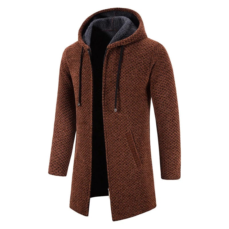 Men's beige fleece-lined winter trench coat with hood, slim fit, long knit sweater-style jacket, casual and business winter outerwear