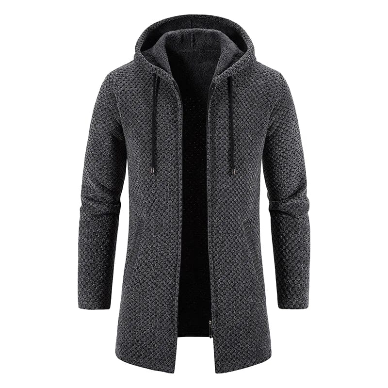 Men's beige fleece-lined winter trench coat with hood, slim fit, long-sleeve knit sweater style, casual and business-ready jacket