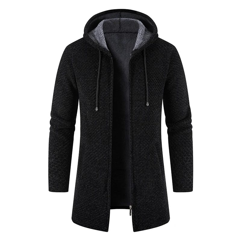 Men's beige fleece-lined winter trench coat with hood, slim fit, long knit sweater style, casual and business winter jacket