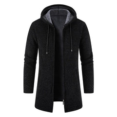 A black long-sleeve knit zip-up hoodie with a fleece lining and a slim fit.