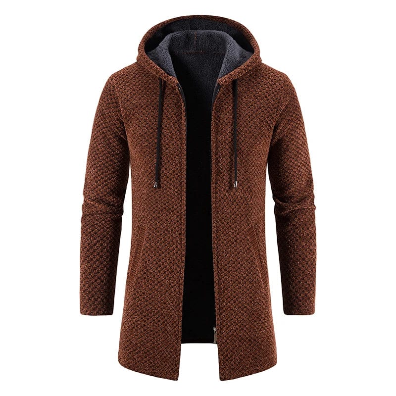 Men's beige fleece-lined winter trench coat with hoodie, slim fit, long knit sweater style, casual and business overcoat.