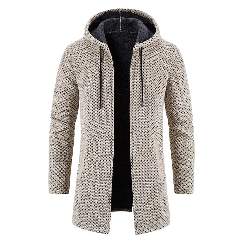 Men's beige fleece-lined winter trench coat with hood, slim fit, zipper closure, casual business style, warm and stylish.