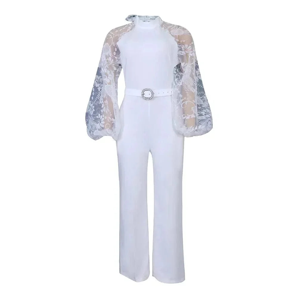 White mesh lace jumpsuit for women with long sleeves and wide-leg pants, stylish romper for summer and party wear.