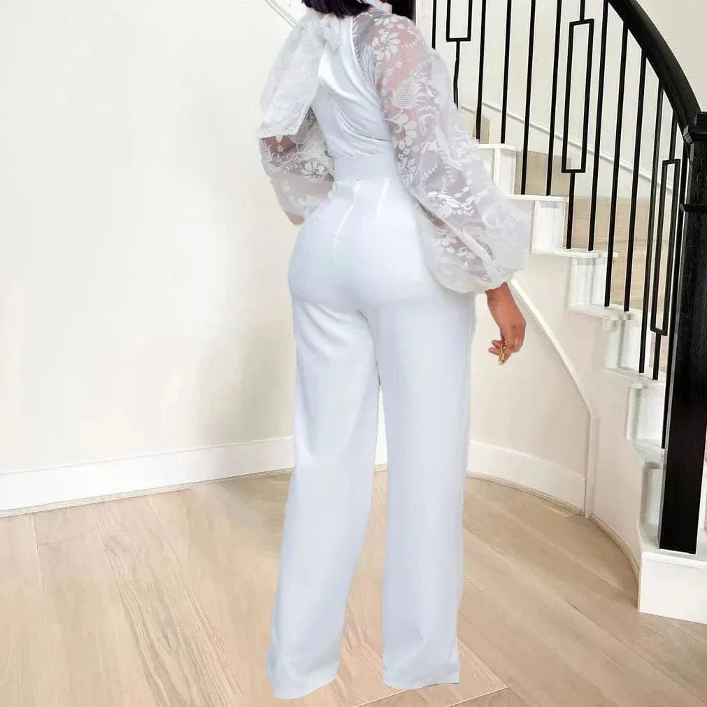 Women's white mesh lace jumpsuit with long sleeves, wide-leg pants, and stylish party romper from SHOWLU FASHION STORE.