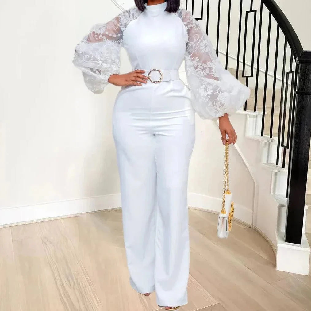 White mesh lace jumpsuit for women with long sleeves, wide-leg pants, and a stylish bodysuit design for summer or spring wear.