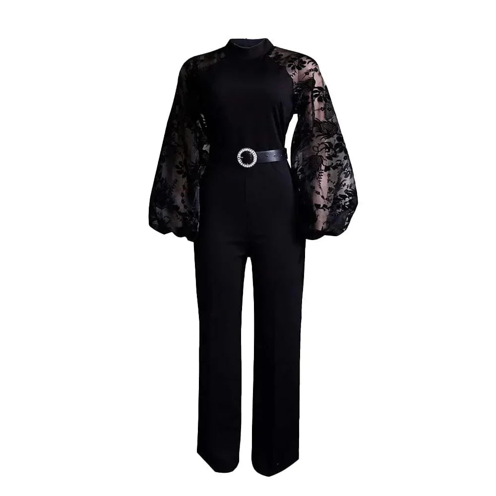 White mesh lace jumpsuit for women with long sleeves and wide-leg pants, stylish one-piece romper for summer or spring wear.
