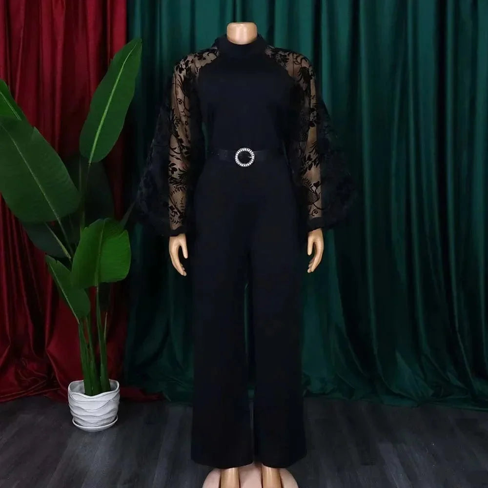 White mesh lace women's jumpsuit with long sleeves, wide-leg pants, and intricate lace details, perfect for summer or parties.