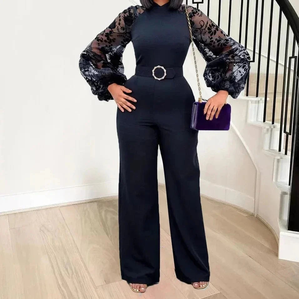 White mesh lace jumpsuit for women with long sleeves and wide-leg pants, stylish one-piece romper for summer or spring wear.
