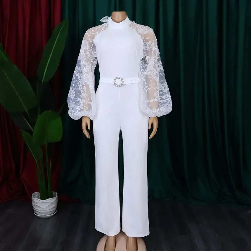White mesh lace jumpsuit for women with long sleeves and wide-leg pants, stylish one-piece romper for summer and spring wear.