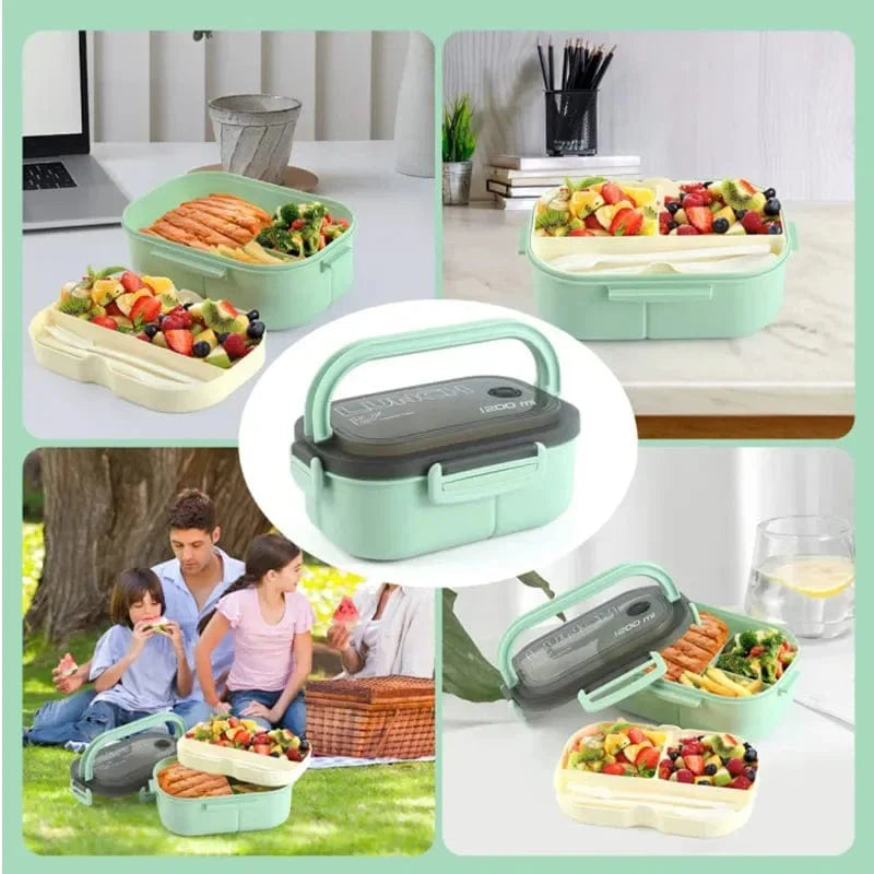 Showlu 2-layer mesh kids lunch box with leak-proof design and included cutlery for school meals.