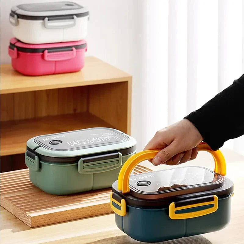 Showlu 2-layer mesh kids lunch box with leak-proof design and included cutlery, ideal for school lunches and snacks.