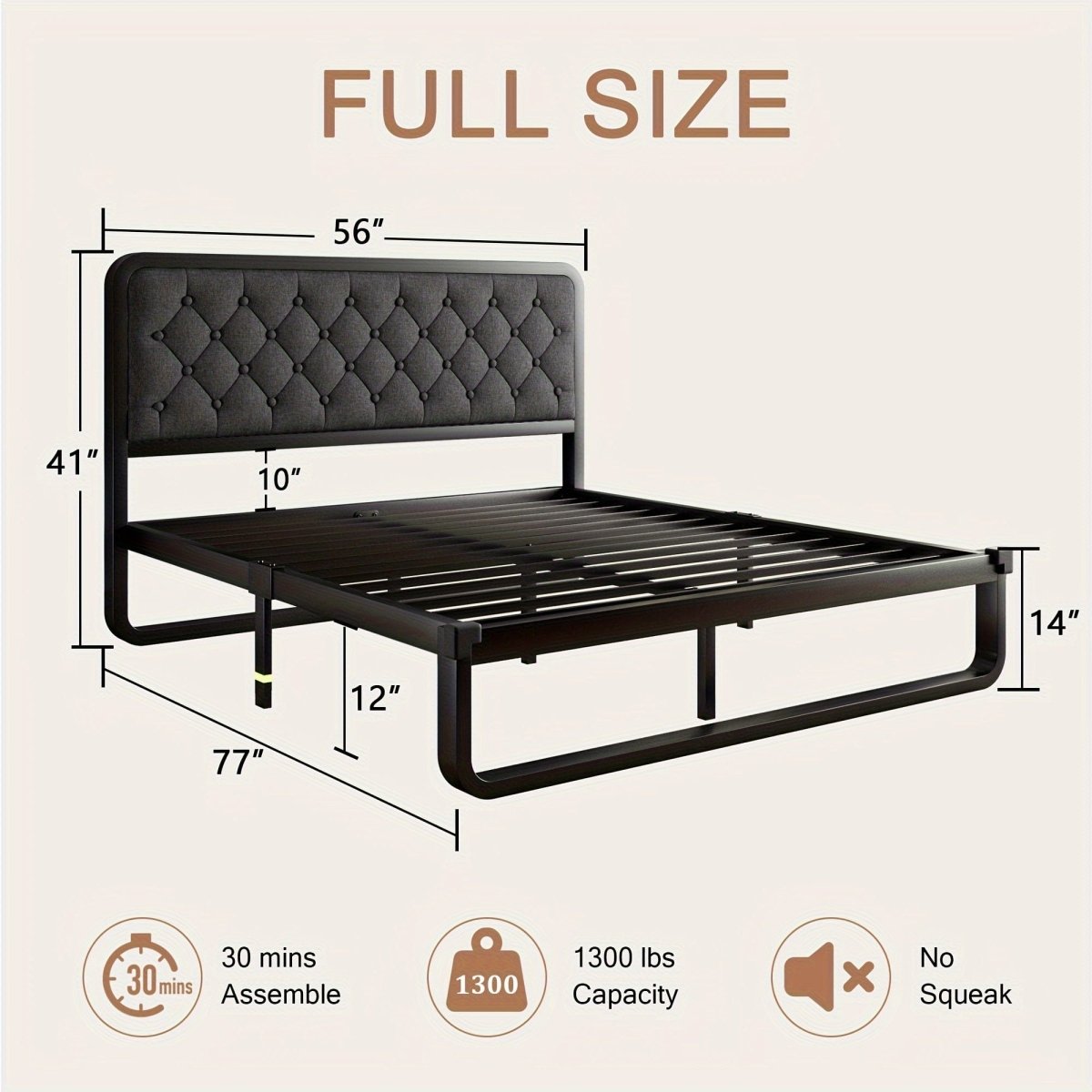 Metal Bed Frame with Button Tufted Upholstered Headboard, Heavy Duty Platform Bed Frame with 12" Storage, No Box Spring Needed - SHOWLU FASHION STORE