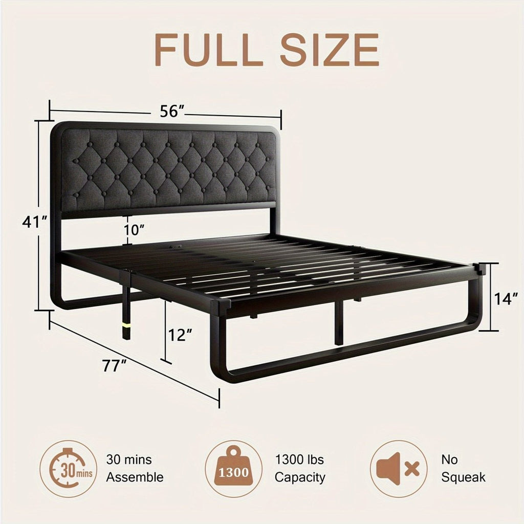 Showlu metal platform bed frame with tufted upholstered headboard, sturdy design, and built-in storage, no box spring needed.