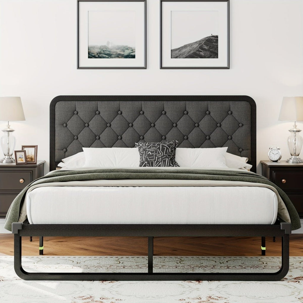 Showlu metal platform bed frame with tufted upholstered headboard, sturdy design, and built-in storage, no box spring needed.
