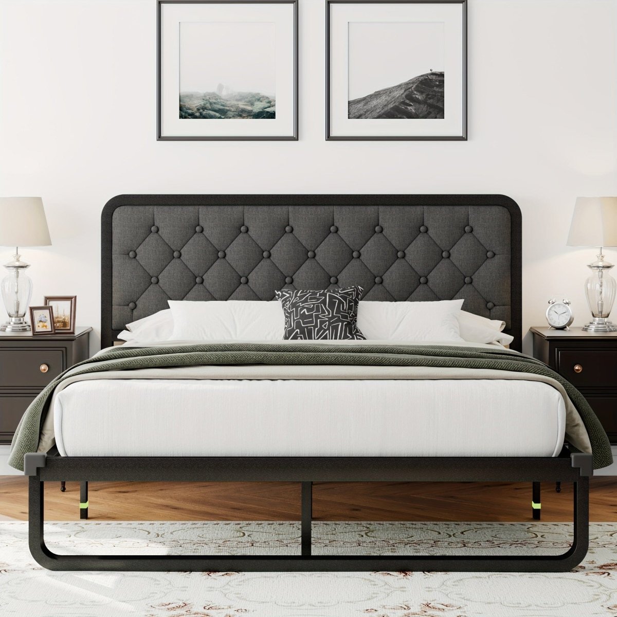 Showlu metal platform bed frame with tufted upholstered headboard, sturdy design, and built-in storage, no box spring needed.