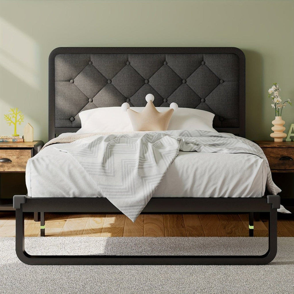 Showlu Metal Platform Bed Frame with tufted upholstered headboard, heavy-duty construction, and 12 storage drawers, no box spring needed.
