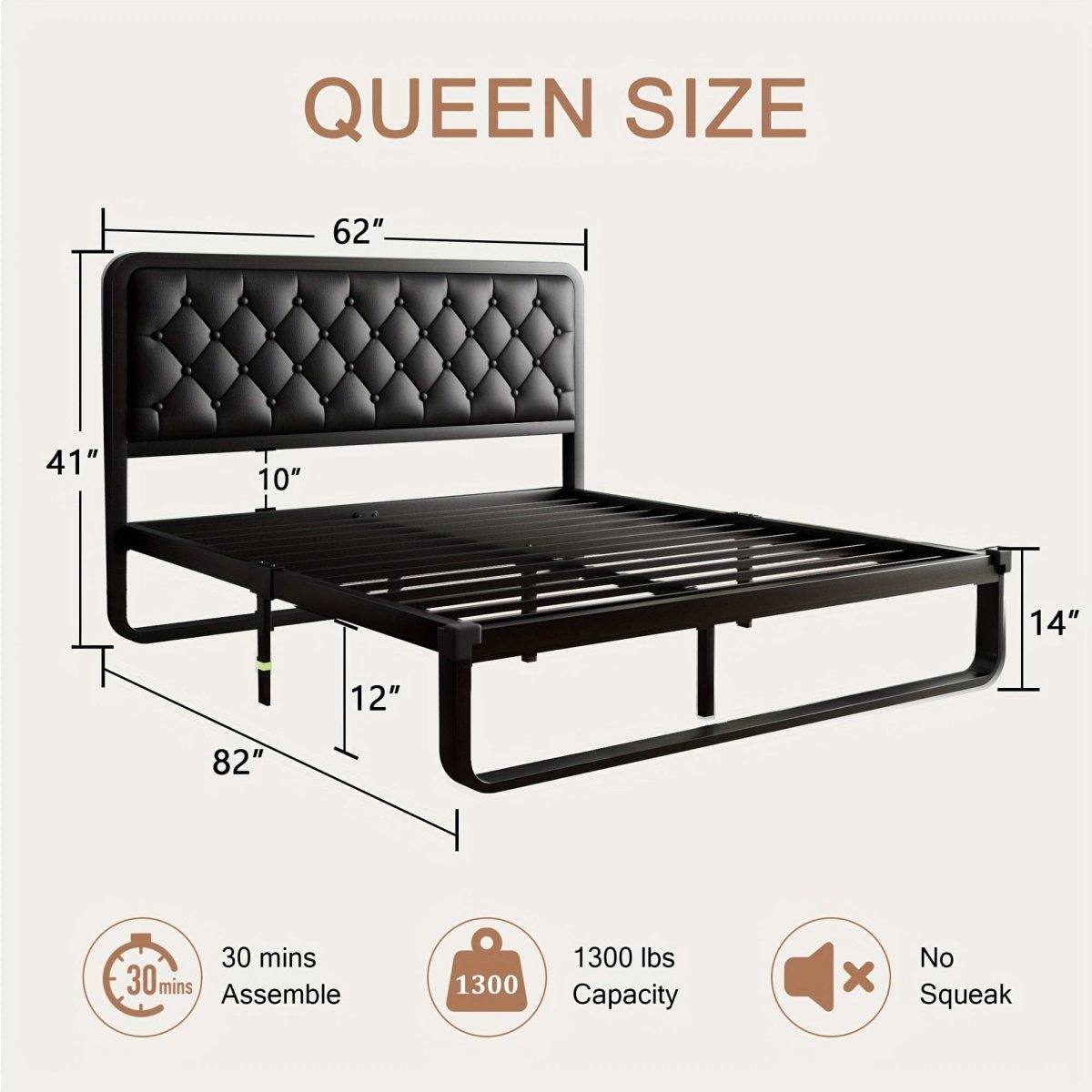 Showlu metal platform bed frame with tufted upholstered headboard, sturdy design, and built-in storage, no box spring needed.
