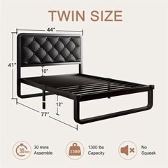 Metal Bed Frame with Button Tufted Upholstered Headboard, Heavy Duty Platform Bed Frame with 12" Storage, No Box Spring Needed - SHOWLU FASHION STORE