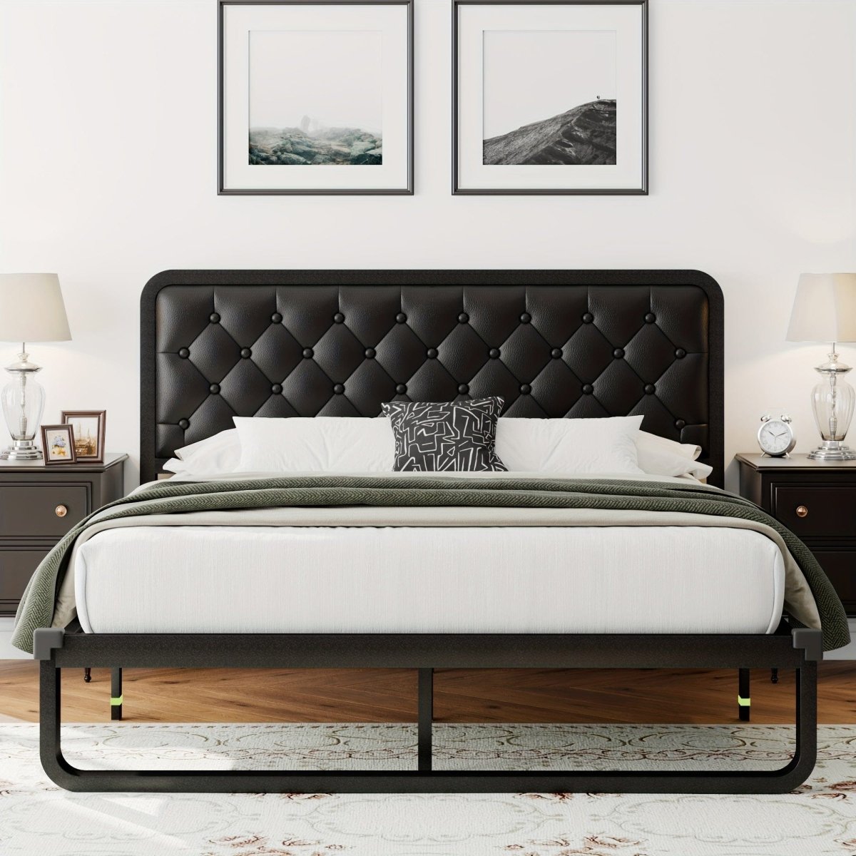 Showlu metal platform bed frame with tufted upholstered headboard, sturdy design, and built-in storage, no box spring needed.