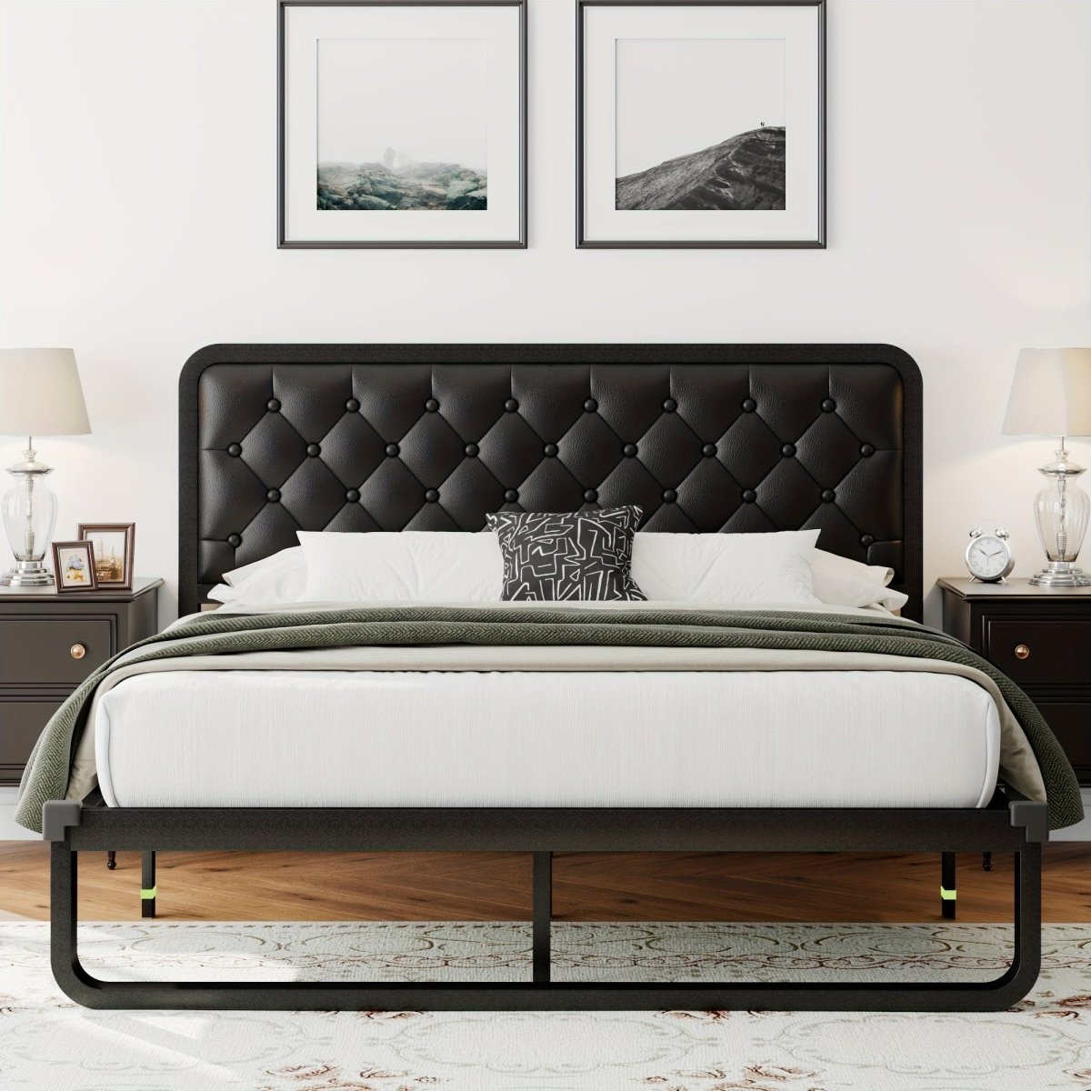 Metal Bed Frame with Button Tufted Upholstered Headboard, Heavy Duty Platform Bed Frame with 12" Storage, No Box Spring Needed - SHOWLU FASHION STORE