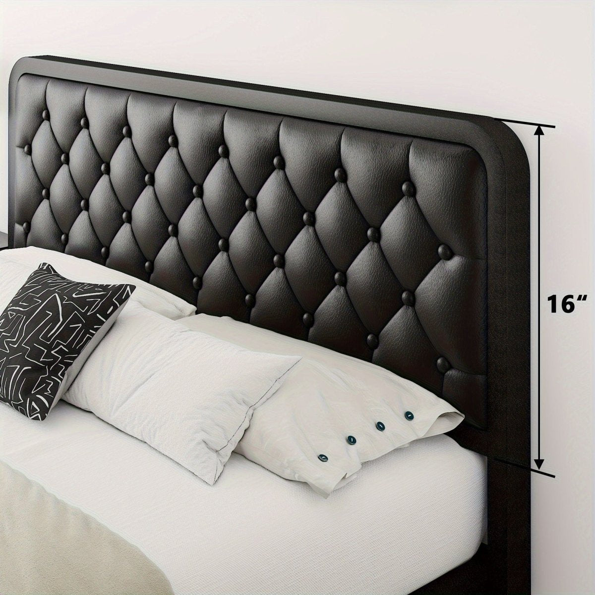 Showlu metal platform bed frame with tufted upholstered headboard, sturdy design, and built-in storage, no box spring needed.