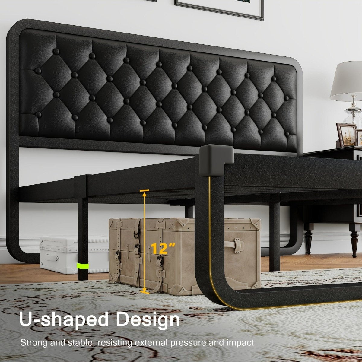 Showlu metal platform bed frame with tufted upholstered headboard, sturdy design, and built-in storage, no box spring needed.