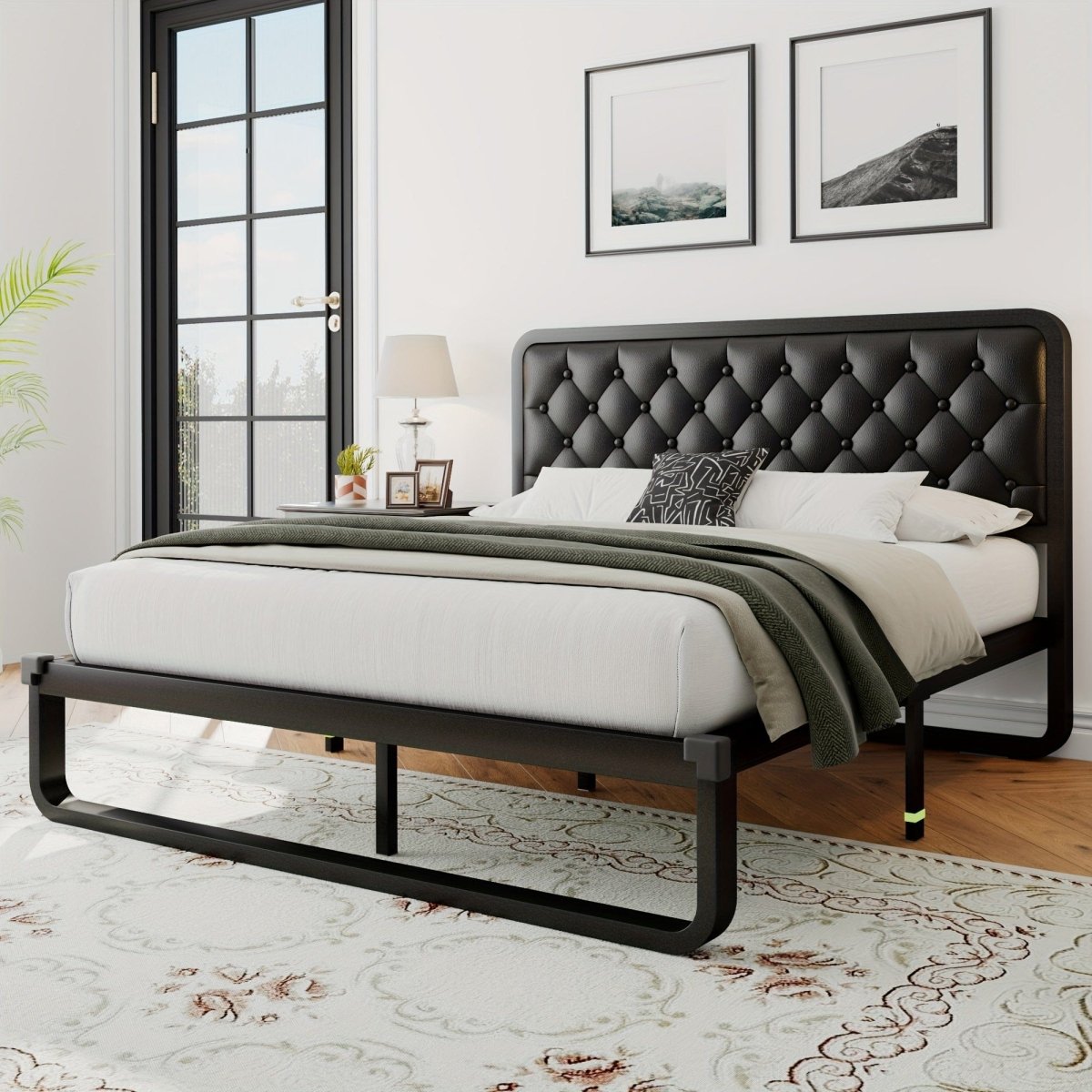 Showlu metal platform bed frame with tufted upholstered headboard, heavy-duty design, and built-in storage, no box spring needed.