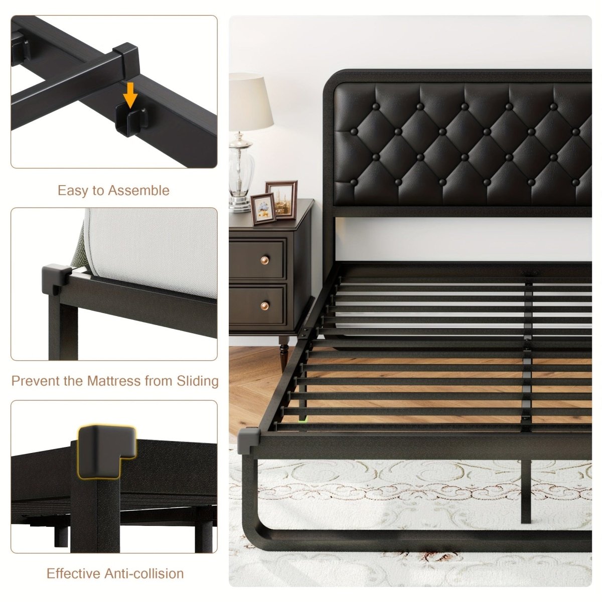 Showlu metal platform bed frame with tufted upholstered headboard, heavy-duty design, and built-in 12-storage compartments.