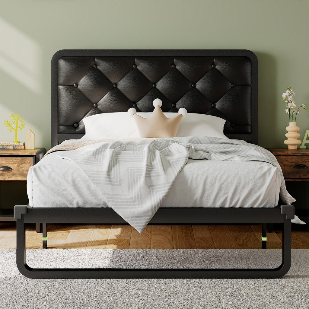 Showlu metal platform bed frame with tufted upholstered headboard, heavy-duty construction, and built-in storage, no box spring needed.