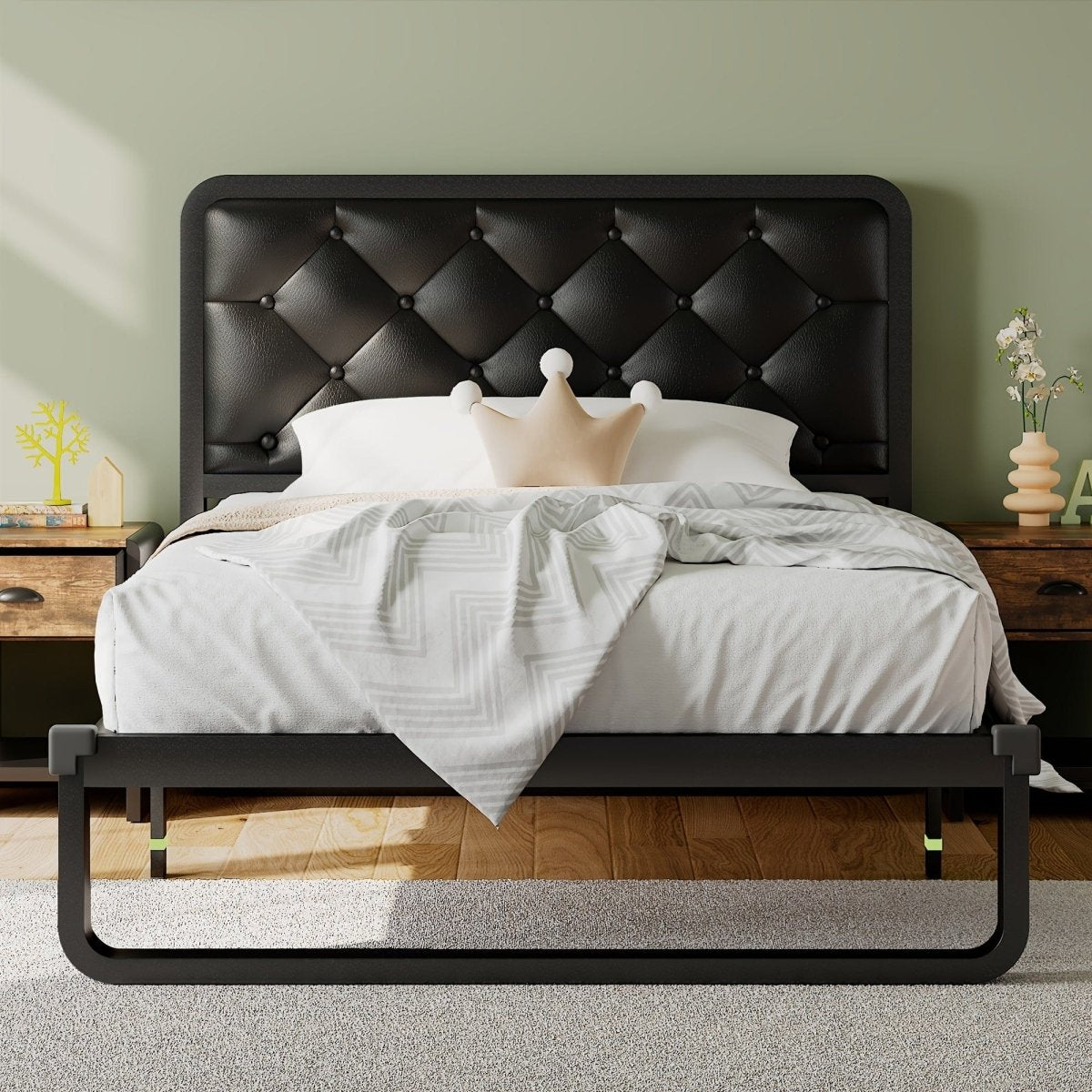 Showlu metal platform bed frame with tufted upholstered headboard, heavy-duty construction, and built-in storage, no box spring needed.