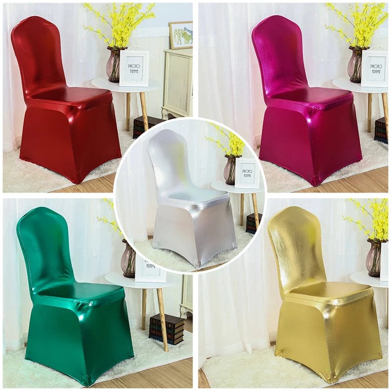 Shiny metallic gold and silver spandex chair cover for wedding decor, luxurious bronze-colored lycra with elegant design