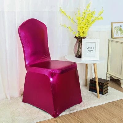 Metallic gold and silver spandex chair cover for wedding decoration, shiny luxury lycra fabric, elegant and high-quality design.
