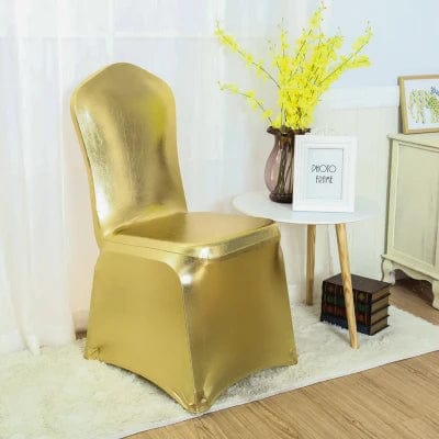 Shiny gold and silver metallic spandex chair covers for weddings, featuring luxurious, reflective fabric with elegant fit and design.