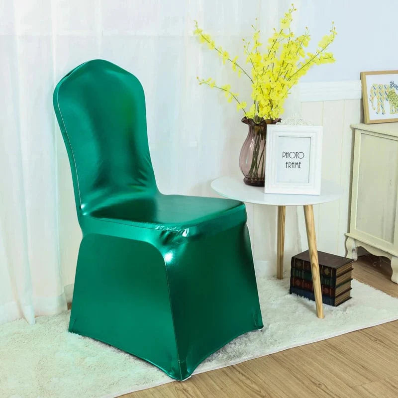 Shiny metallic gold and silver spandex chair cover for weddings, featuring luxurious lycra fabric and elegant design.