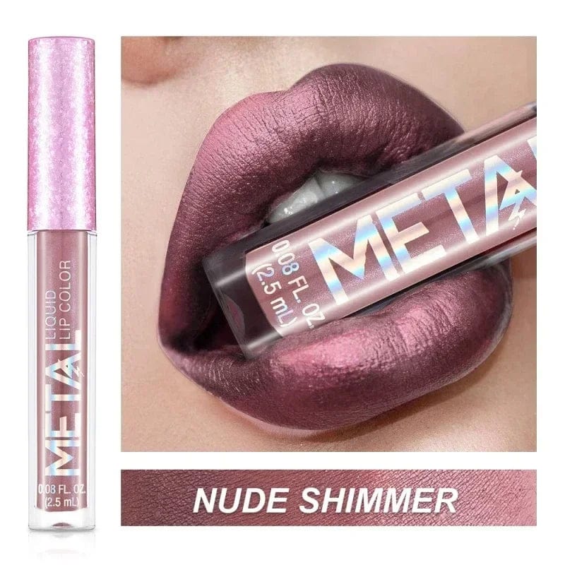 Showlu Metallic Matte Liquid Lipstick with shimmer finish, waterproof, long-lasting, non-stick formula, in 12 vibrant colors.