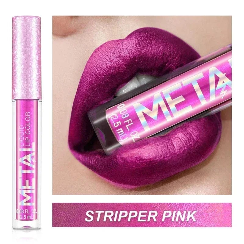 Showlu Metallic Matte Liquid Lipstick in shimmering, waterproof formula with a long-lasting, non-stick finish on model’s lips.