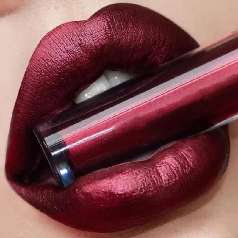Showlu Metallic Matte Liquid Lipstick in shimmering, waterproof formula, featuring long-lasting, non-stick lip gloss in 12 vibrant shades.