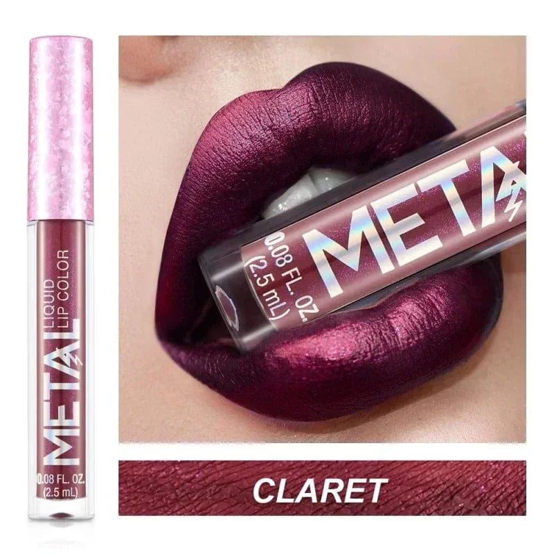 Showlu Metallic Matte Liquid Lipstick with shimmering finish, waterproof and long-lasting, displayed in 12 vibrant colors.